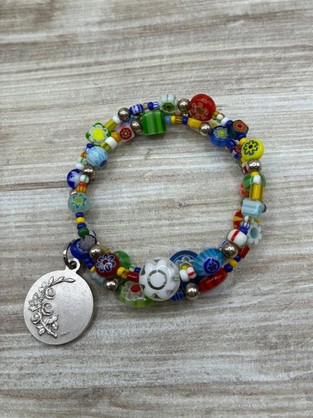 Colorful Millefiori Wrap Bead Bracelet with Our Lady of Perpetual Help Medallion